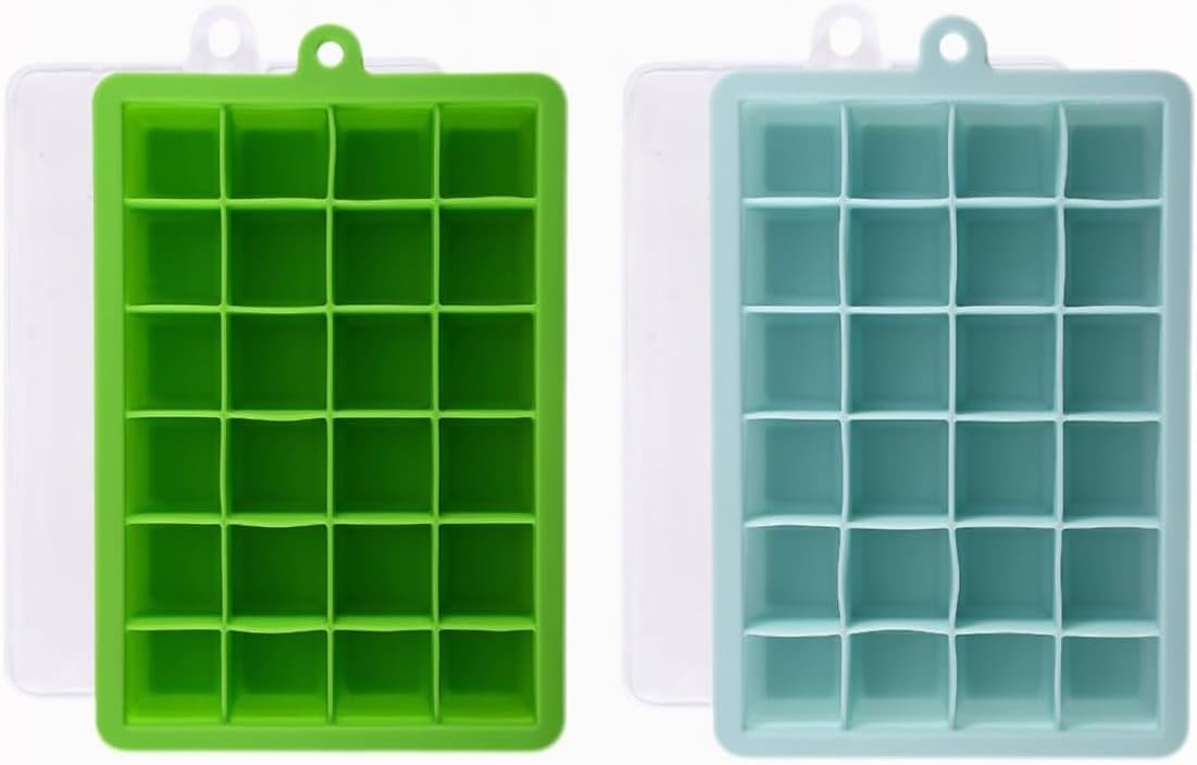 SKY-TOUCH 2-Pack Food Grade Silicone Ice Cube Cubes with Lids for Freezer, Easy-to-Remove 24 Cube Cubes for Party, Drinks and Frozen Liquids (Blue and Green) - 19.5Lx12.5Wx2.5H cm