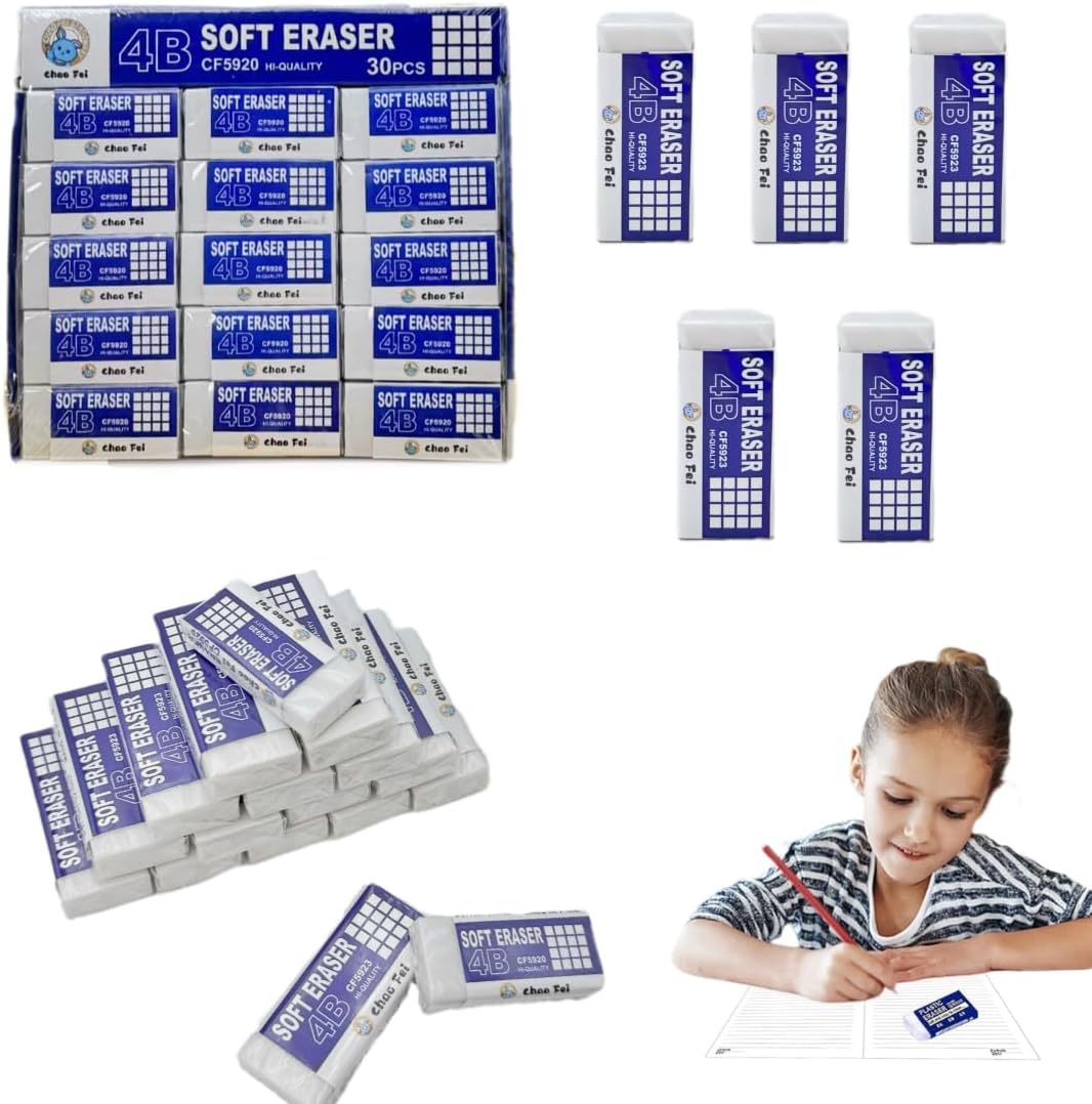 SKY-TOUCH 30PCS 4B Soft Eraser for Students & Artists, Clean Erasing for Exams & Sketching, PVC Rubber, Minimal Shavings, Ideal for Drawing & Writing