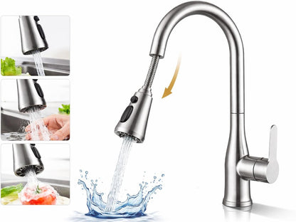 SKY-TOUCH Kitchen Faucet Tap with Pull Down Sprayer, 3 Spray Mode High Pressure Faucet for Kitchen - Stainless Steel Sink Mixer Tap, 80CM Water Inlet Pipe, 1/2 Connector Size, Hot Cold Water Faucet