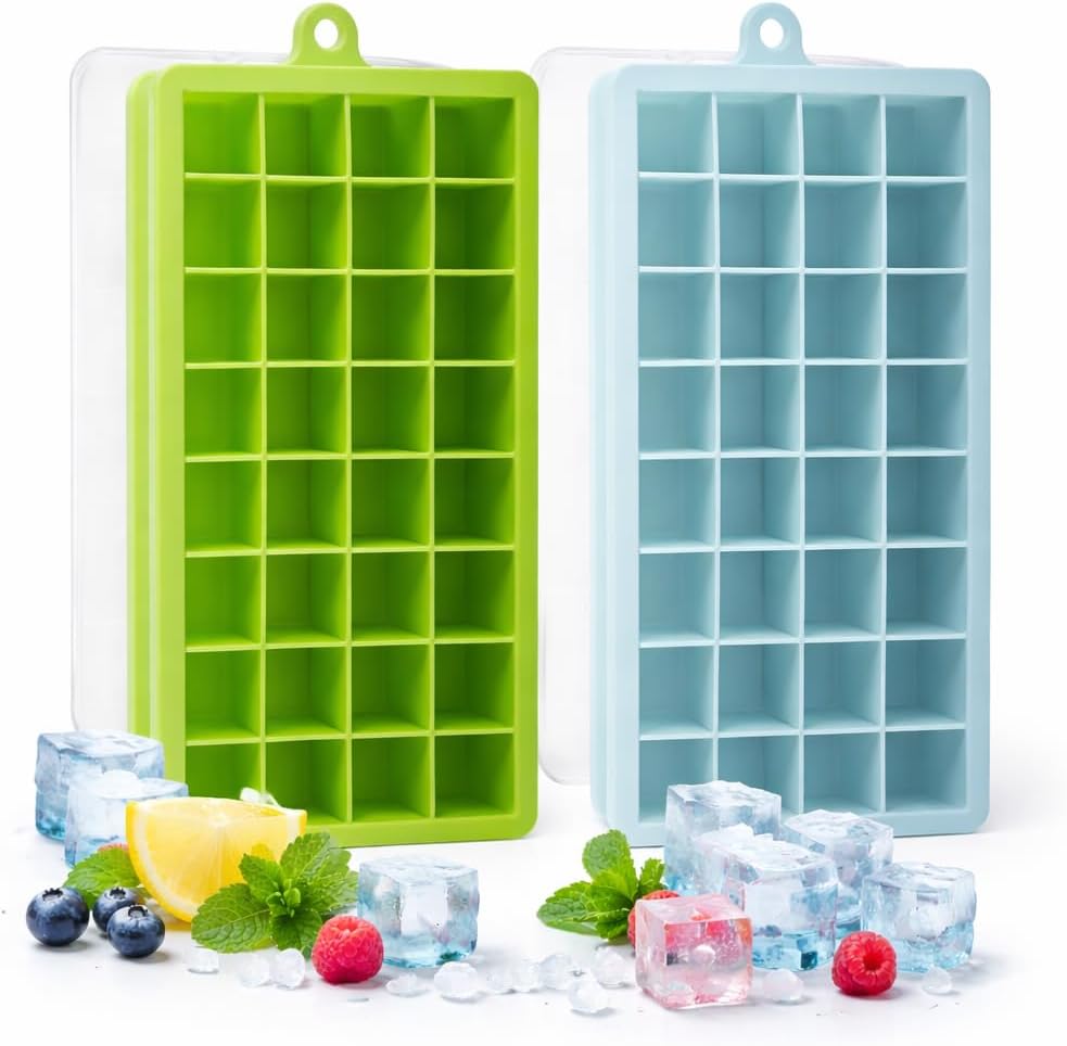 SKY-TOUCH 2-Pack Food Grade Silicone Ice Cube Cubes with Lids for Freezer, Easy-to-Remove 24 Cube Cubes for Party, Drinks and Frozen Liquids (Blue and Green) - 19.5Lx12.5Wx2.5H cm