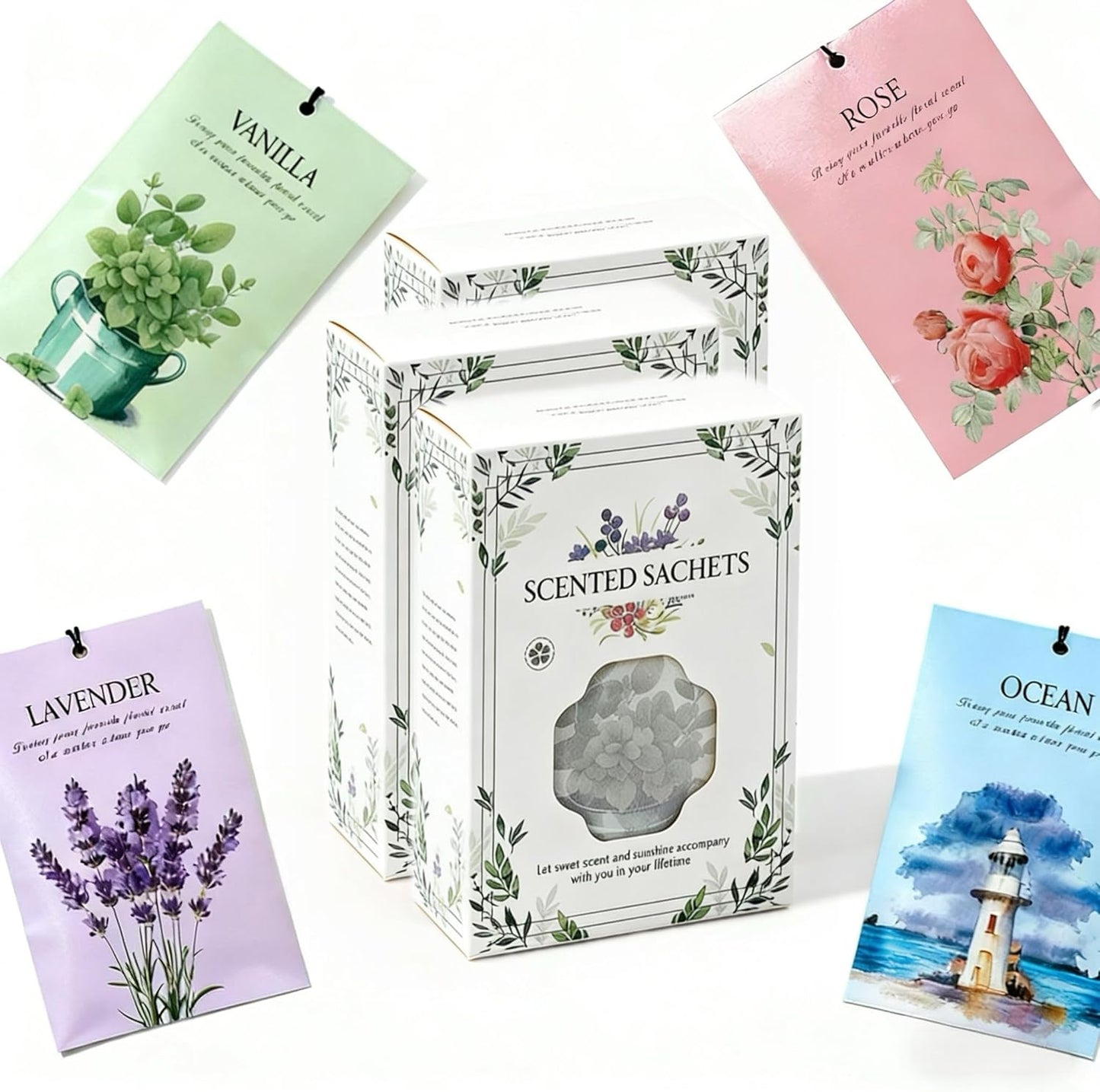 SKY-TOUCH Fragrance sachets，Ocean Rose Lavender Vanilla Scented Sachets, 3 Boxes/12Pcs (4 Scents), Long-Lasting Air Freshener for Home & Office, Natural Deodorizer for Closet, Bathroom, Bedroom