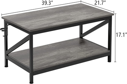 SKY-TOUCH Coffee Table with Storage Shelf,Modern Central Table with 2 Tier Shelves,Black Metal Table Legs, Wooden Tabletop and Metal Frame,Industrial Wooden Coffee Table,100 * 55cm