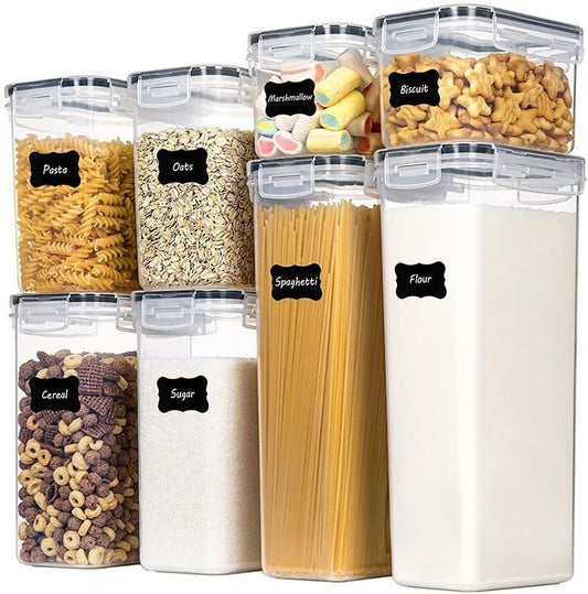 SKY-TOUCH 8 PACK Airtight Food Storage Containers Set, 4 SIZE BPA-Free Plastic Pantry Jars with Lids for Pasta, Spaghetti, Flour, Rice, Cereal & Grains Clear Kitchen Organizer Containers