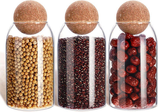 SKY-TOUCH 3-Pack 800ML Glass Storage Jars with Ball Cork Lid – Airtight Sealed Canister for Food, Spices, Coffee, Tea, and More – Decorative Glass Organizer with Wooden Lid