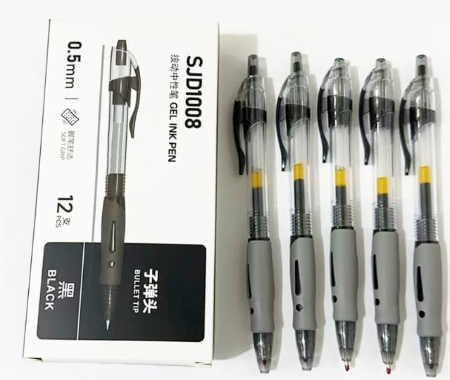 SKY-TOUCH 12 PCS set 0.5mm Retractable Black Ink Pens, Bullet Tip, Quick Drying Black Ink, Soft Rubber Grip, Smooth Writing, Perfect for Exams & Signing