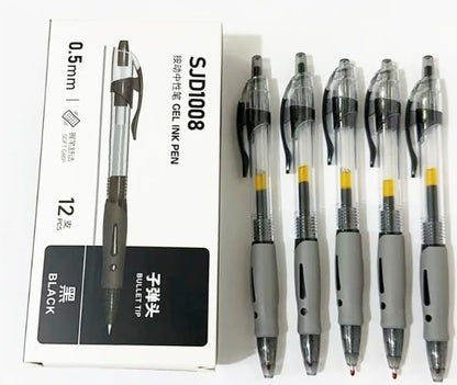 SKY-TOUCH 12 PCS set 0.5mm Retractable Black Ink Pens, Bullet Tip, Quick Drying Black Ink, Soft Rubber Grip, Smooth Writing, Perfect for Exams & Signing