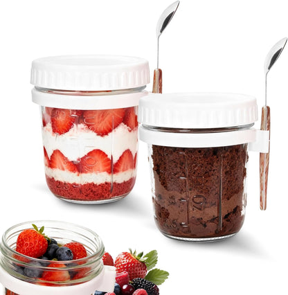SKY-TOUCH 2 Pack Overnight Oats Jars, Overnight Oats Container with Lid and Spoon, 10 oz Cereal, Milk, Vegetable and Fruit Salad Storage Container with Measurement Marks (WHITE)