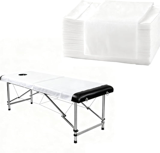 SKY-TOUCH 50Pcs Disposable Massage Table Sheets with Face Hole Waterproof & Oil-Resistant Non-Woven Bed Covers for Spa, Massage & Beauty Treatments, Breathable Hygienic & Comfortable (White 180*80cm)