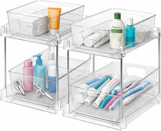 SKY-TOUCH 2 PACK Pull-Out Kitchen and Bathroom Storage Organizer, 2 Tier Clear Under Sink Organizers Vanity Counter Storage Container, Pull-Out Organization with Track for Pantry, Kitchen