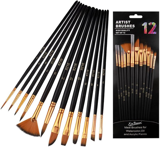 SKY-TOUCH Acrylic Paint Brushes Set, 12 Pcs Artist Paint Brush Kit with Nylon Hair for Acrylic Oil Watercolor Gouache Painting – Multiple Brush Shapes for Canvas, Rock, Face & Miniature Art Supplies
