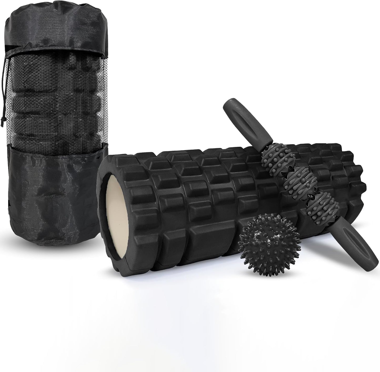 SKY-TOUCH 4-in-1 Roller Muscle Massage, Massage Ball, Yoga Column Massage Relax Ball Set, Foam Exercises and Roller Bag - Black