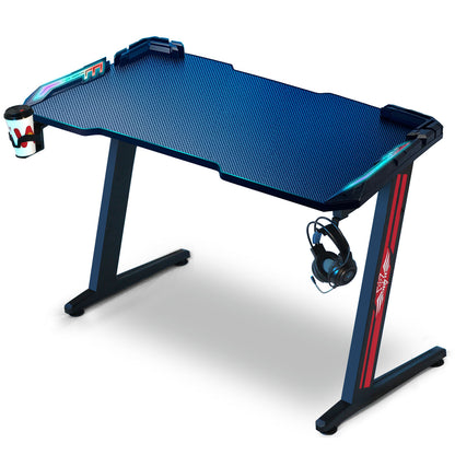 SKY-TOUCH Gaming Desk,Ergonomic Computer and Gaming Table Z Shaped for Pc, Workstation, Home, Office with LED Lights Carbon Fiber Surface,Cup Holder and Headphone Hook,Blue120×60×75cm