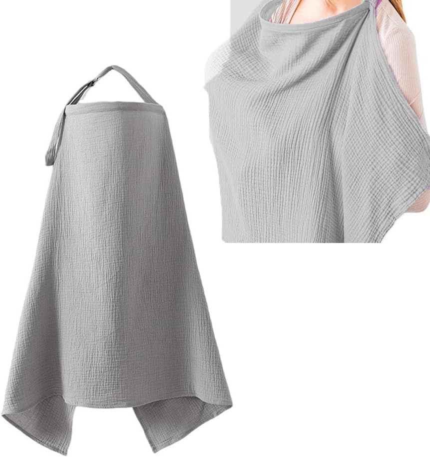 SKY-TOUCH Muslin Nursing Cover for Baby Breastfeeding, 360°Full Coverage Nursing Poncho, Breathable 100% Cotton Breastfeeding Cover with Rigid Hoop for Mother Nursing Apron,90x47cm, Grey