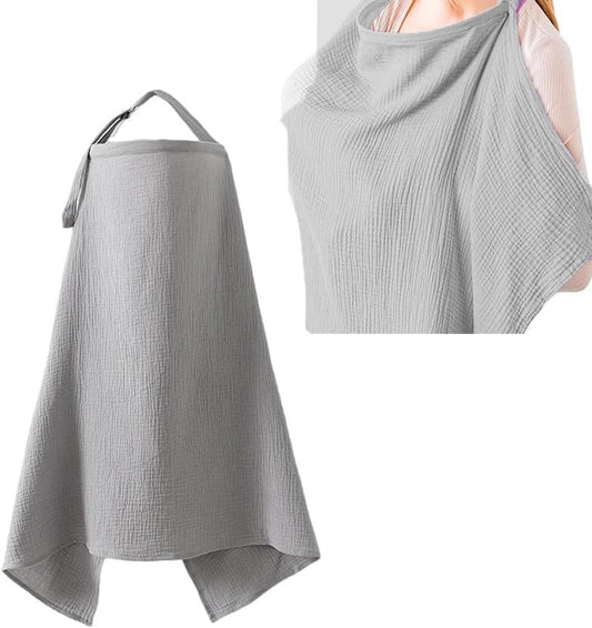 SKY-TOUCH Muslin Nursing Cover for Baby Breastfeeding, 360°Full Coverage Nursing Poncho, Breathable 100% Cotton Breastfeeding Cover with Rigid Hoop for Mother Nursing Apron,90x47cm, Grey