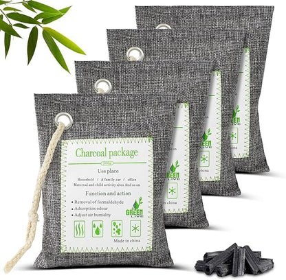 SKY-TOUCH 4 Pack 200g Activated Bamboo Charcoal Bag for Car & Home, Air Purifier, Formaldehyde & Odor Eliminator, Natural Deodorizer, Pet Safe, Dual Use for Home and Car