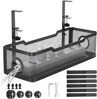 SKY-TOUCH Under Desk Cable Management Tray, Metal Cable Tray with Clamp for Desk Wire Management,Desk Cable Management Box for Office, Home - No Drill, Black 34x12x8cm