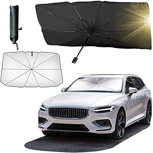 SKY-TOUCH Car Windshield Sun Shade Umbrella,Car UV Sunshade Umbrella Windshield Block Cover,Foldable Car Sun Visor Windshields Sun Shade Cover for Most Car with Leather storage pocket 140 * 80cm