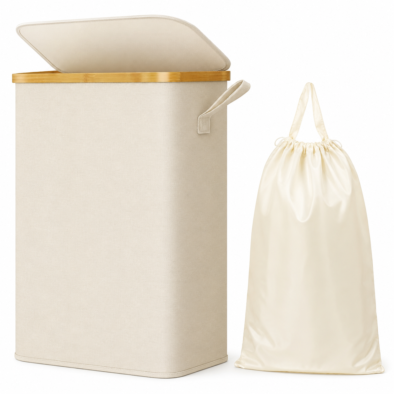 SKY-TOUCH 65L Slim Laundry Basket with Lid, Beige Foldable Laundry Hamper with Removable Inner Bag, Narrow Clothes Basket for Bedroom, Bathroom, Laundry Room & Dorm, 41x22x72cm, Beige