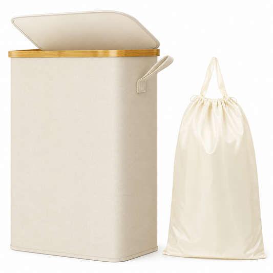 SKY-TOUCH 65L Slim Laundry Basket with Lid, Beige Foldable Laundry Hamper with Removable Inner Bag, Narrow Clothes Basket for Bedroom, Bathroom, Laundry Room & Dorm, 41x22x72cm, Beige