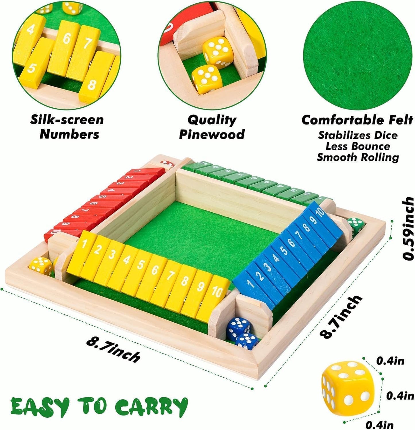 SKY-TOUCH Shut The Box Dice Game, 4-player wooden dice game, Family wooden desktop math game, 8 dice classic desktop game, Suitable for family education,Fun party classroom,Kids Adults.