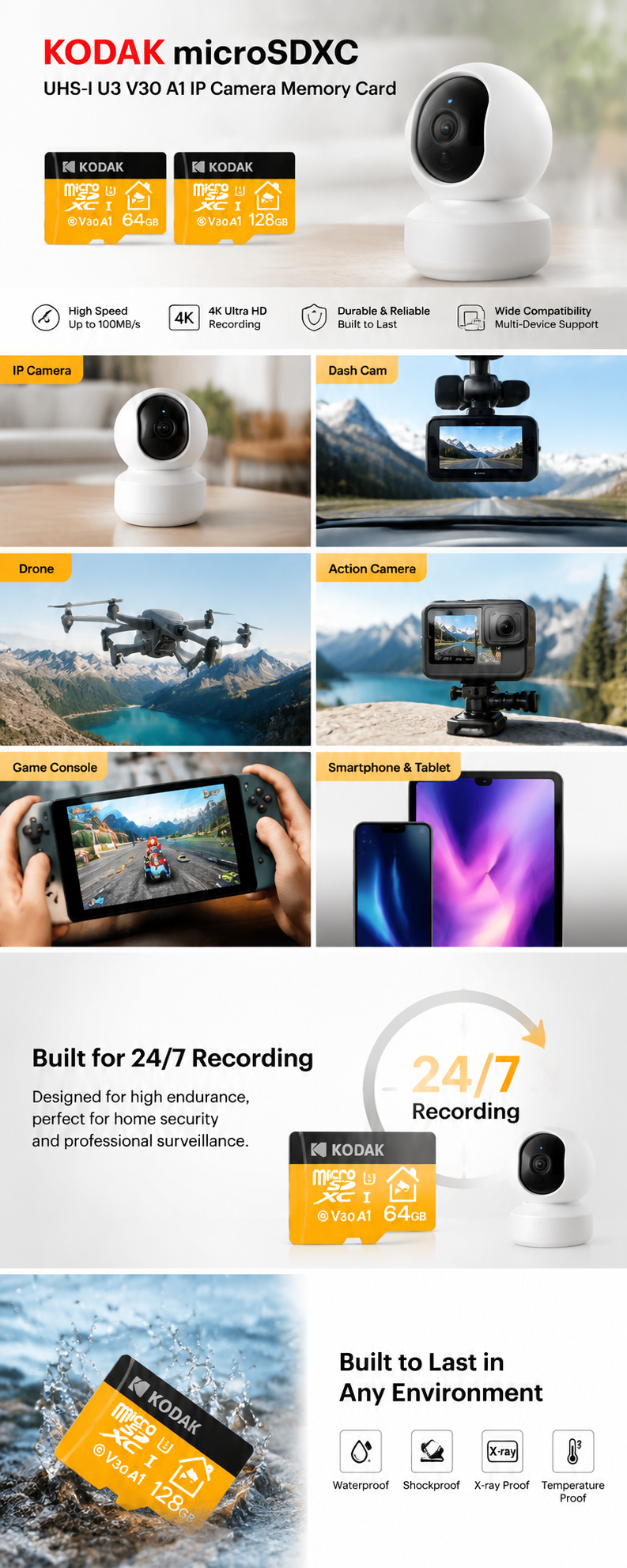 Camera Memory Card, KI330 64GB/128GB microSDXC Memory SD Card,High Speed Micro SD Card for Security Cameras, Dash Cams, Home Surveillance, 4K Video Recording, Fast Data Transfer
