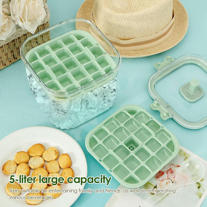 SKY-TOUCH 5L Portable Ice Bucket for Freezer with 56 Grids Mold Tray & Scoop, Large Capacity Clear Refrigerator Ice Cube Storage Bin for Outdoor Camping and BBQ Party (Green)