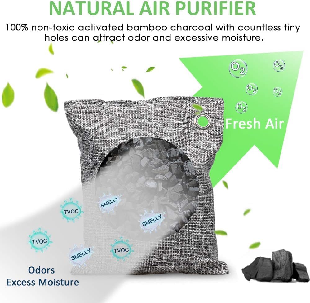SKY-TOUCH 4 Pack 200g Activated Bamboo Charcoal Bag for Car & Home, Air Purifier, Formaldehyde & Odor Eliminator, Natural Deodorizer, Pet Safe, Dual Use for Home and Car