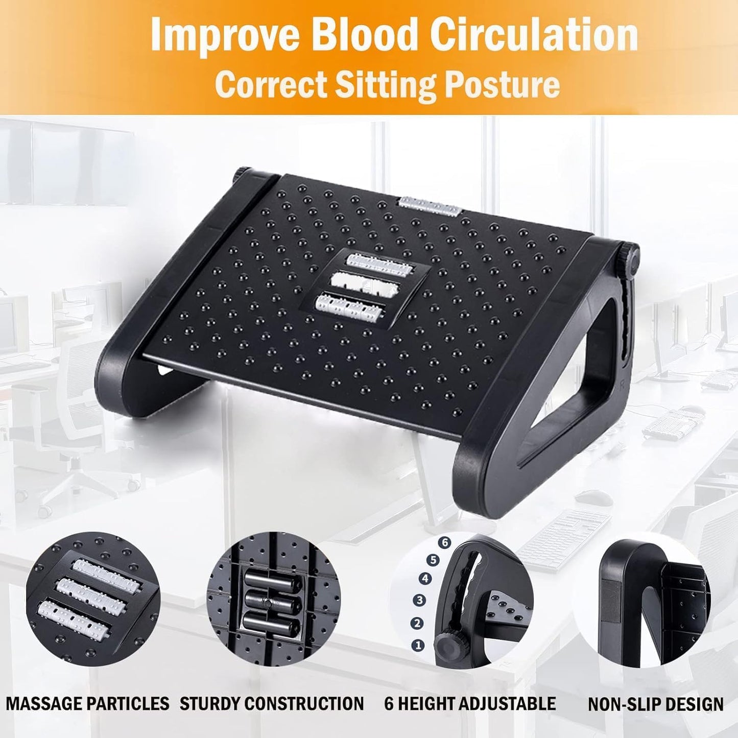 SKY-TOUCH Under Desk Footrest : Adjustable Height Footrest with Massage Roller Ergonomic Foot Stool with Massage Texture for Home Office Pressure Relief (Black)