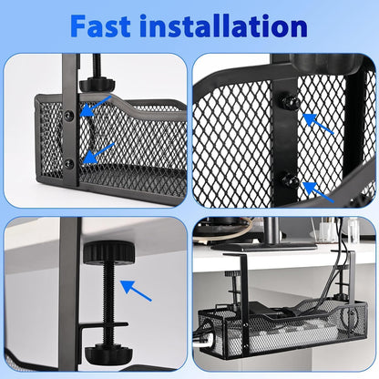 SKY-TOUCH Under Desk Cable Management Tray, Metal Cable Tray with Clamp for Desk Wire Management,Desk Cable Management Box for Office, Home - No Drill, Black 34x12x8cm