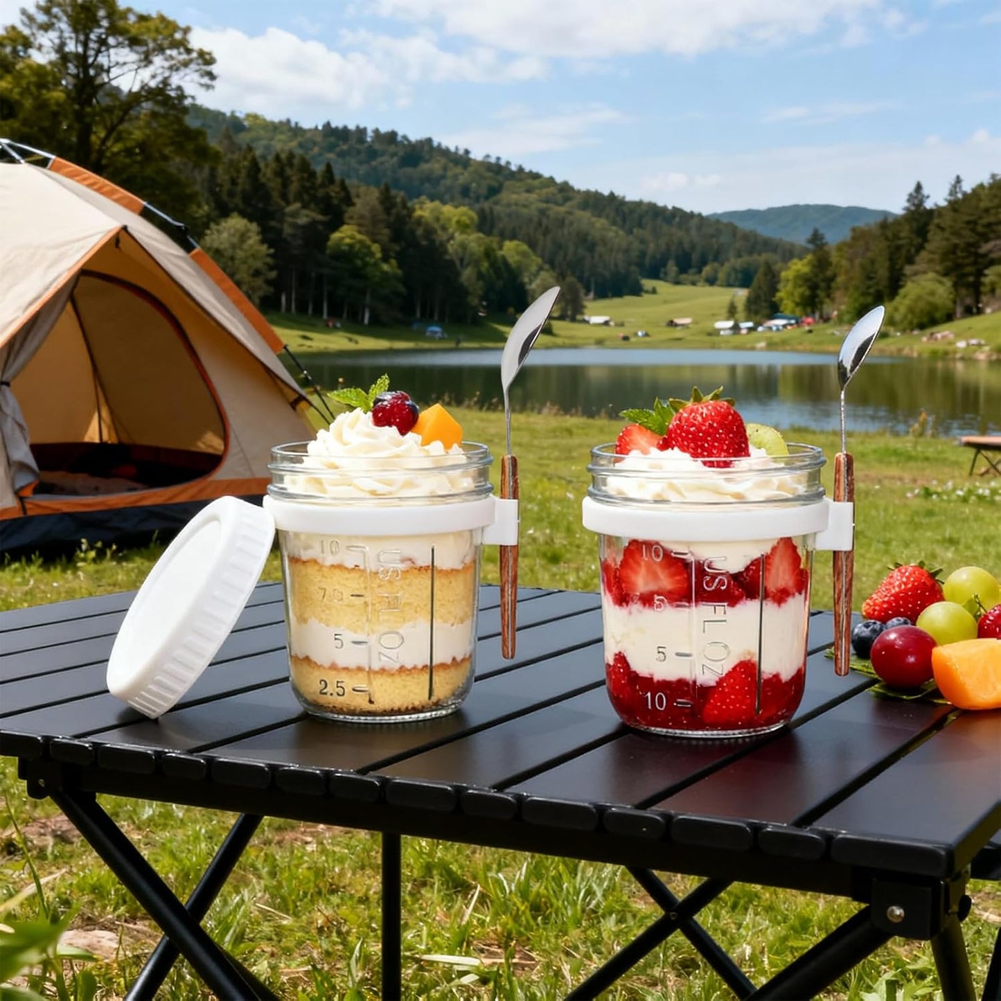 SKY-TOUCH 2 Pack Overnight Oats Jars, Overnight Oats Container with Lid and Spoon, 10 oz Cereal, Milk, Vegetable and Fruit Salad Storage Container with Measurement Marks (WHITE)