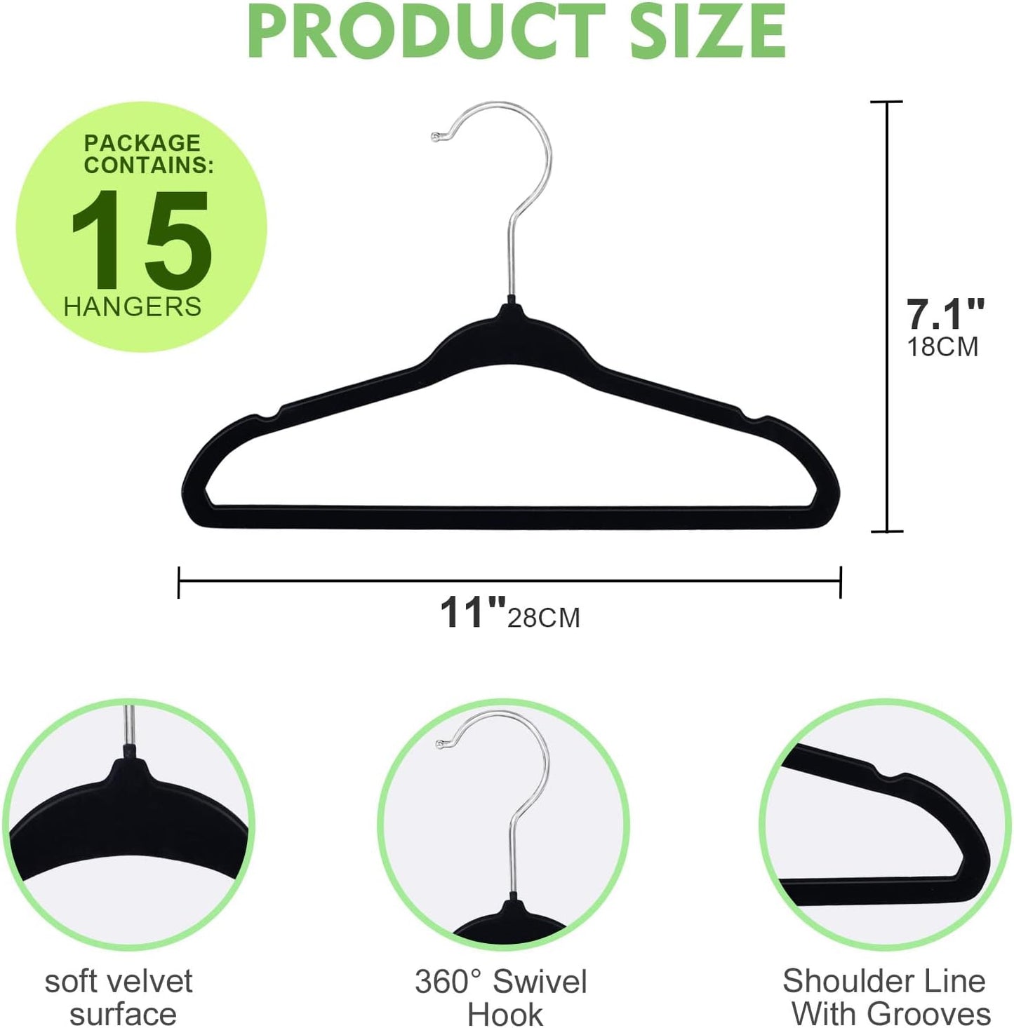 SKY-TOUCH 15Pcs Non-Slip Velvet Kids Hangers, Premium Baby Clothes Hangers with 360 Chrome Swivel Hook, Non Slip Toddler Hangers for Kids and Children Clothes Space saving (Black)