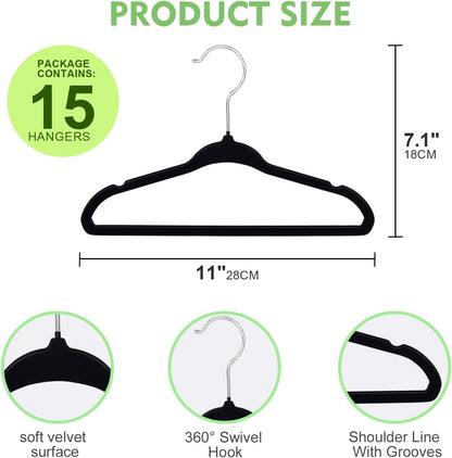 SKY-TOUCH 15Pcs Non-Slip Velvet Kids Hangers, Premium Baby Clothes Hangers with 360 Chrome Swivel Hook, Non Slip Toddler Hangers for Kids and Children Clothes Space saving (Black)