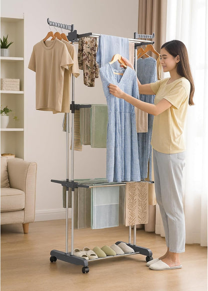 SKY-TOUCH 4 Tier Foldable Clothes Drying Rack, Laundry Drying Rack with Two Side Wings, Movable Drying Rack with 4 castors, 24 Drying Poles & 14 Hooks, Space-Saving, for Bed Linen, Clothing - Grey