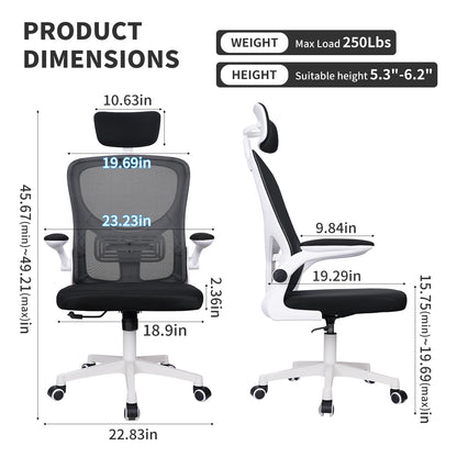 SKY-TOUCH Ergonomic Office Chair,Height adjustable Gaming Chair, Breathable Mesh Design High Back Desk Chair with Flexible Headrest, Swivel Padded Armrest, Lumbar Support, Tit, White