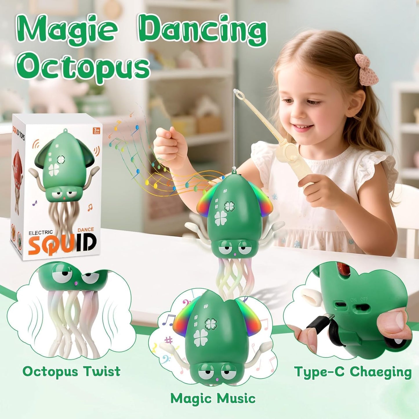 SKY-TOUCH Electric Dancing Octopus Toy, Rechargeable Crawling Octopus Toy with LED Light ＆ Music, Funny Electric Baby Sensory Toys, Magical Dancing Toys for 3 + Year Old Boys Girls
