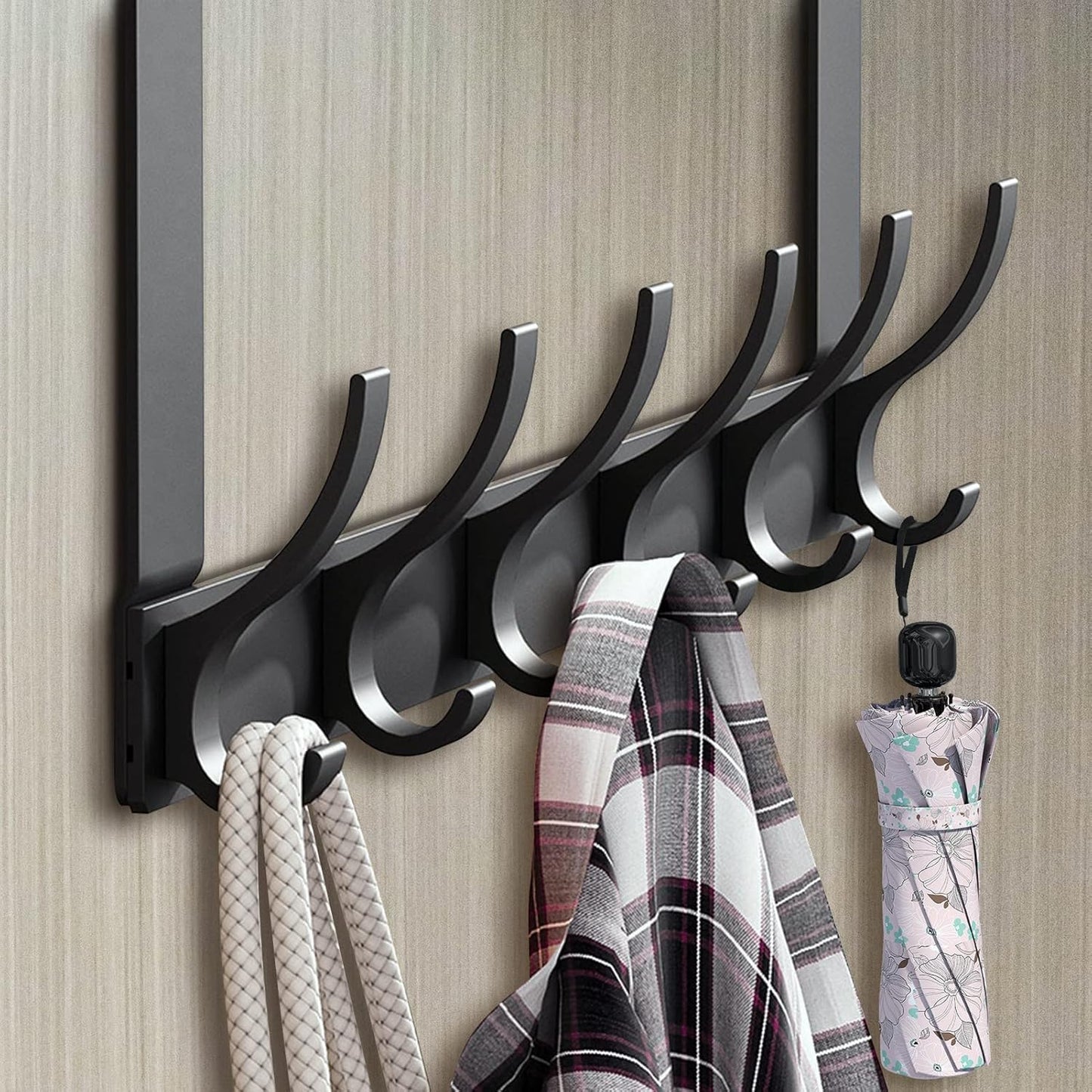 SKY-TOUCH Over Door Hook Hanger 6 Hookds, for Hanging Clothes, Hats, Coats, Towels, Robes - Rust Resistant Door Hanger with 6 Hooks, 20KG Maximum load, Aluminum, 40x18cm