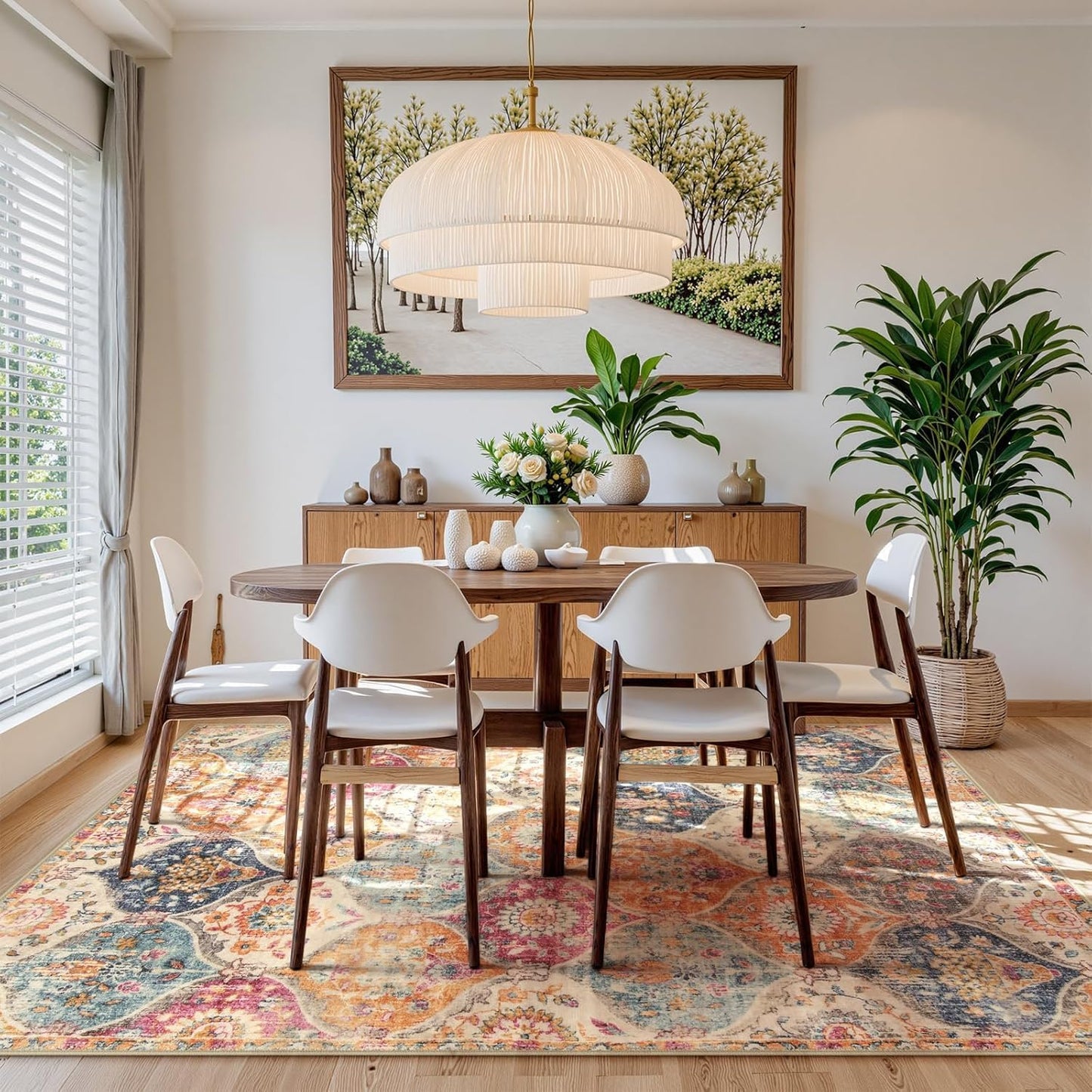 SKY-TOUCH Moroccan Retro Washable Area Rug, 100x160cm Soft Rug for Bedroom Kitchen Office Entryway Bathroom, Non-Slip Oriental Accent Throw Carpet,Cream/Multi Color