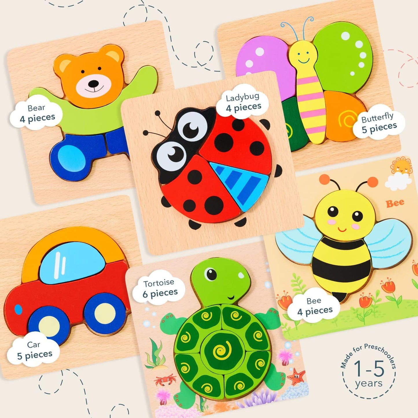 MAGIFIRE Wooden Toddler Puzzles Gifts Toys for 1 2 3 Year Old Boys Girls Baby Infant Kid Learning Educational 6 Animal Shape Jigsaw Eco Friendly Child Kid Montessori Stem Travel Toy