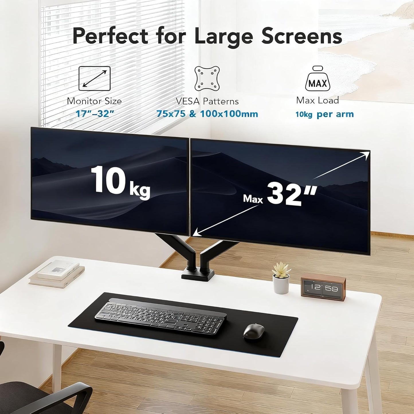 SKY-TOUCH Dual Monitor Stand for 17–32 Inches, Adjustable Gas Spring Dual Arm Mount, Heavy Duty Full Motion Monitor Desk Mount with Clamp & Grommet Base, VESA 75x75/100x100, Holds up to 10kg per Arm