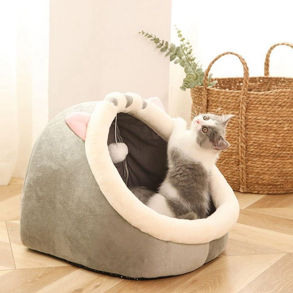 SKY-TOUCH Indoor Cat Bed, Semi-enclosed Cat Igloo Cave Bed for Indoor Kittens, Round Donut Cat House Nest with Fluffy Ball Hanging, Soft Pet Cat Cave for Cats with Anti-Slip Bottom, 48x45x40cm