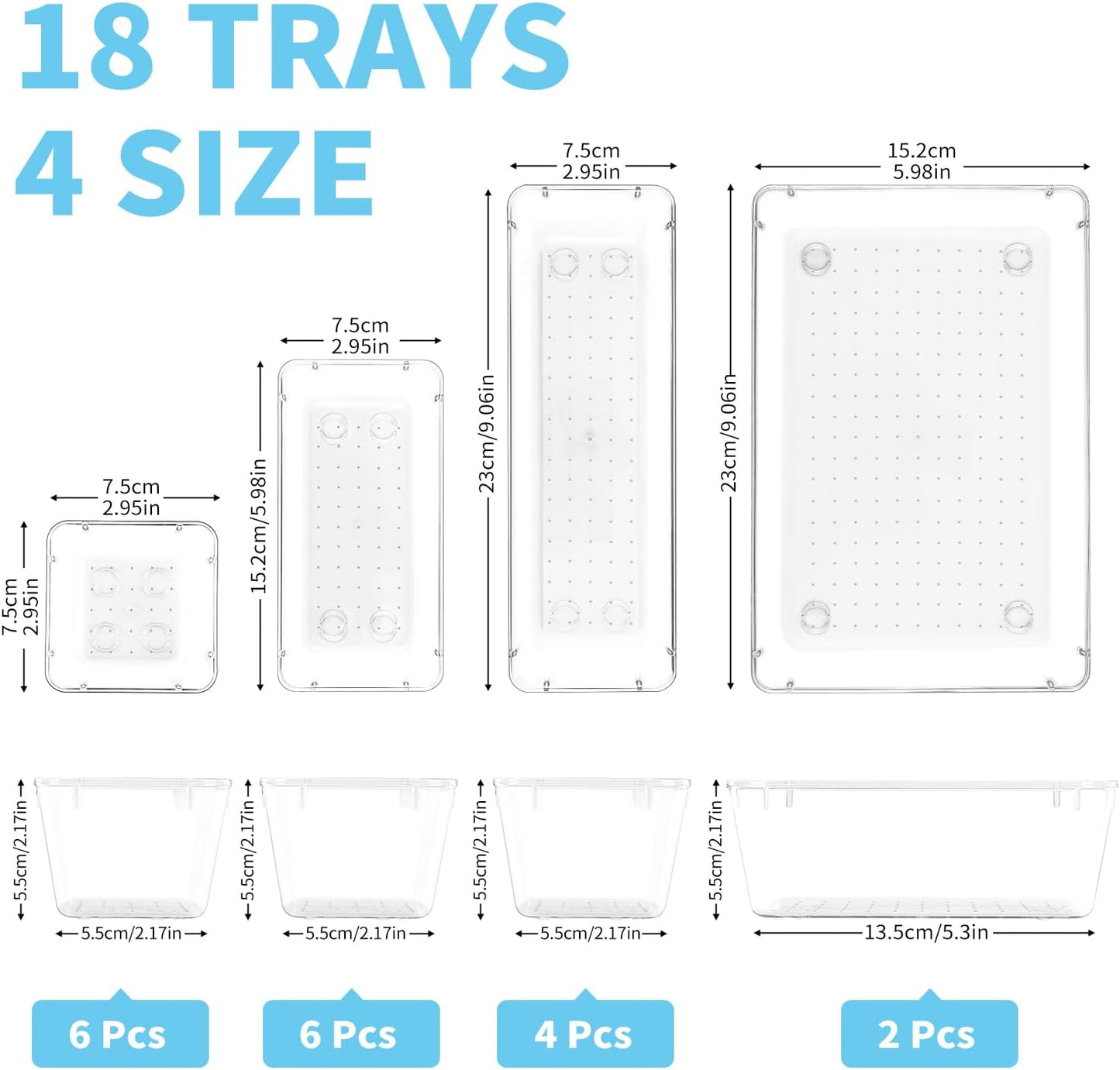 SKY-TOUCH 18PACK Clear Plastic Drawer Organizer,Drawer Organizer Trays,Desk Drawer Organizer Trays,4 Size Large Storage Organizer Divider Set for Fridge Organizer, Bathroom, Vanity Storage Bins,Office