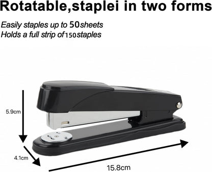 SKY-TOUCH Heavy-Duty Metal Stapler, Black, 50 Sheets Capacity, Stainless Steel, Adjustable Staple Selector, Anti-Slip Base, for Office & Home Use
