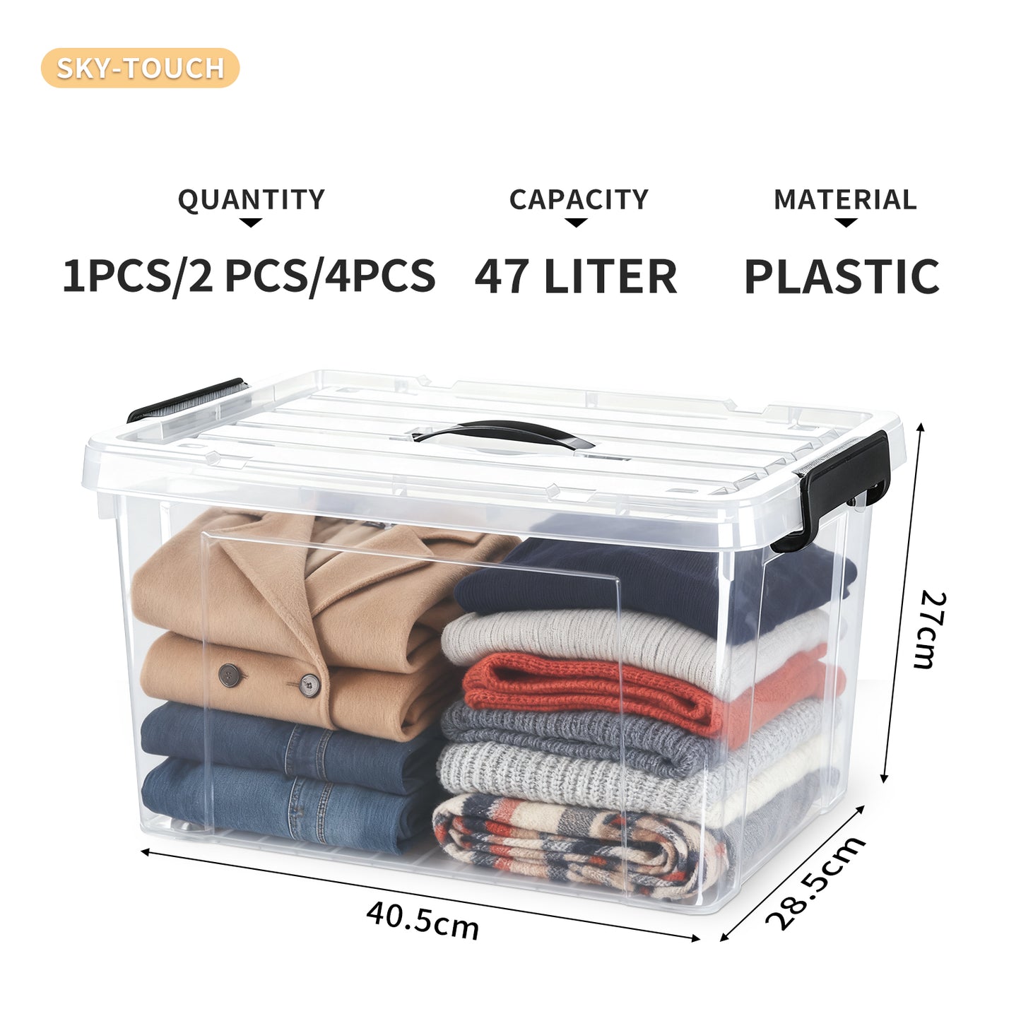 SKY-TOUCH 47L Clear Plastic Storage Box with Lid and Wheels,Stackable Organizer Bin with Handles,Design for Easy Mobility,Ideal for Clothes,Closet Storage,Home Storage Organization,48x28x35cm,1 pack