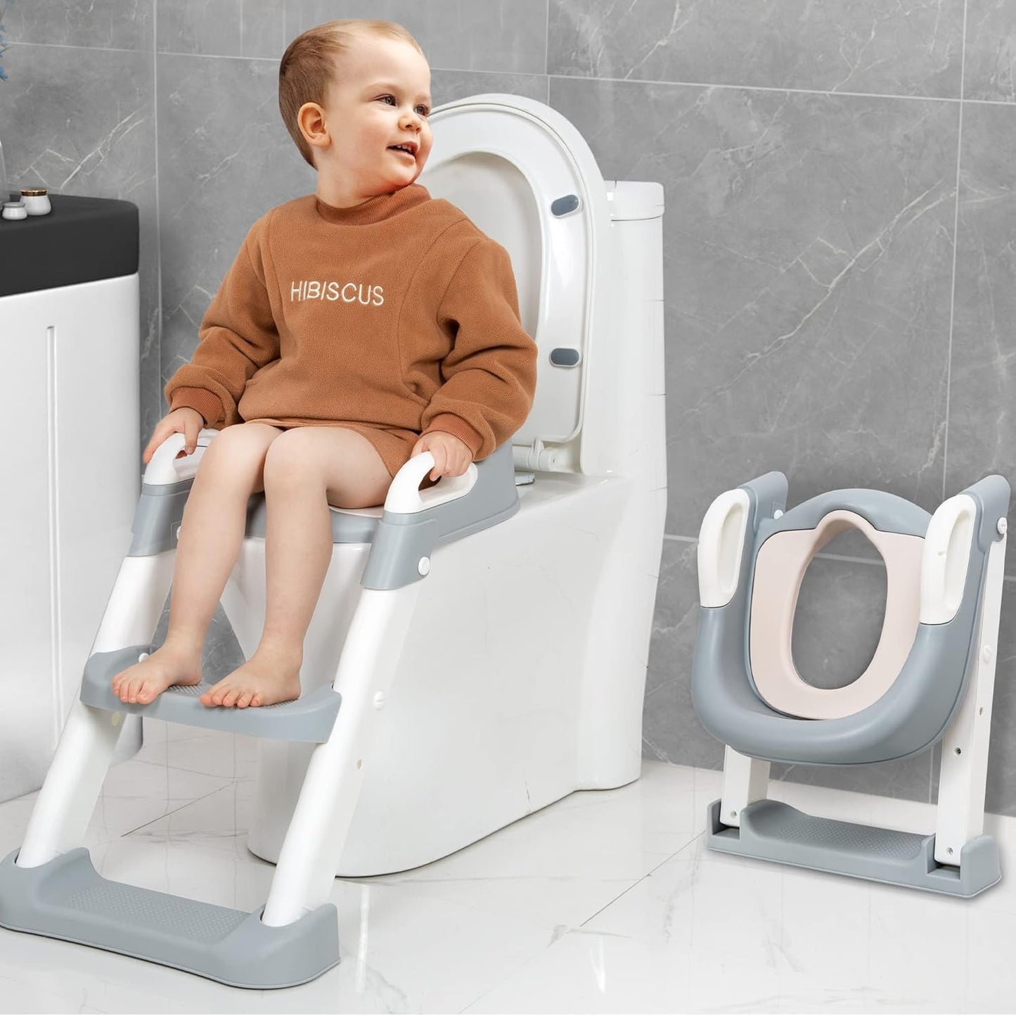 SKY-TOUCH Kids Potty Training Seat with Steps,Adjustable Toddlers Potty Toilet Trainer,Toilet Ladder Seat, Folding Children's Toilet Training with Steps Non Slip & Space Efficient for Boys Girls，Grey