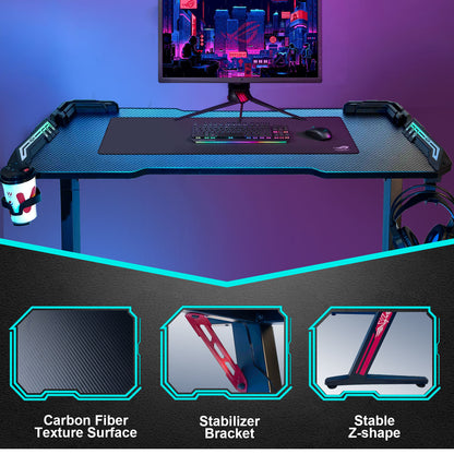 SKY-TOUCH Gaming Desk,Ergonomic Computer and Gaming Table Z Shaped for Pc, Workstation, Home, Office with LED Lights Carbon Fiber Surface,Cup Holder and Headphone Hook,Blue120×60×75cm