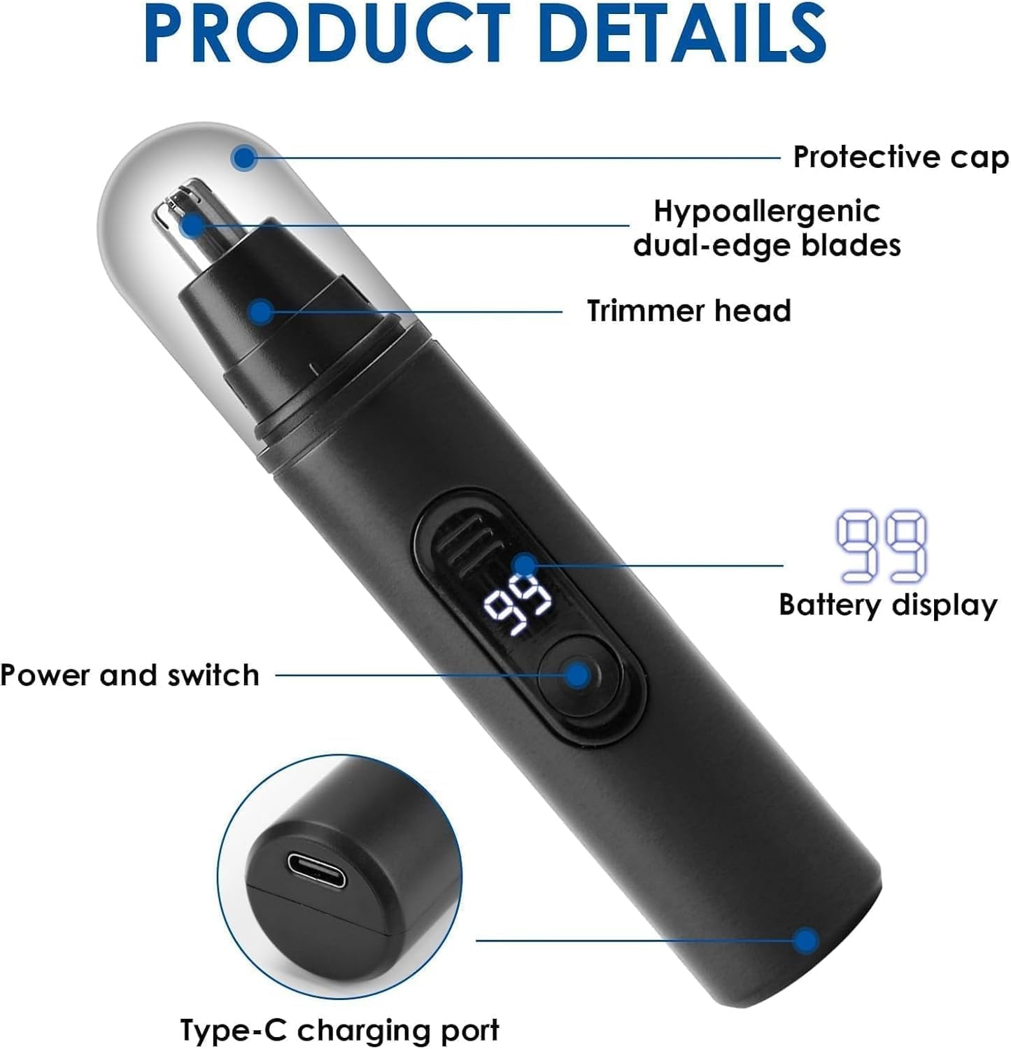 SKY-TOUCH Nose Hair Trimmer, Ear Eyebrow Trimming Tool with Display, Ear Hair Removal Rechargeable Waterproof Easy Cleansing, Dual Edge Blades Razor Painless Ears and Nose Clipper for Man Woman