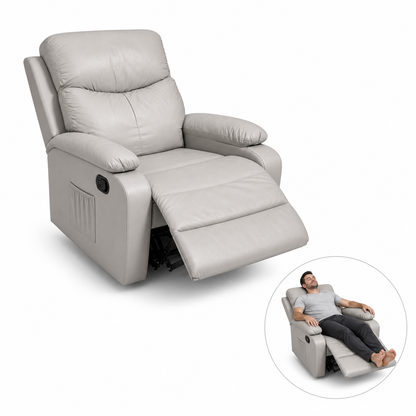 SKY-TOUCH Multifunctional Single-Seater Recliner Chair Suitable for a Nap, Adjustable Leather Lounge Chair Waterproof & Side Pockets, Swivel & Rock and Recline at 150° - Easy Assembly, Grey
