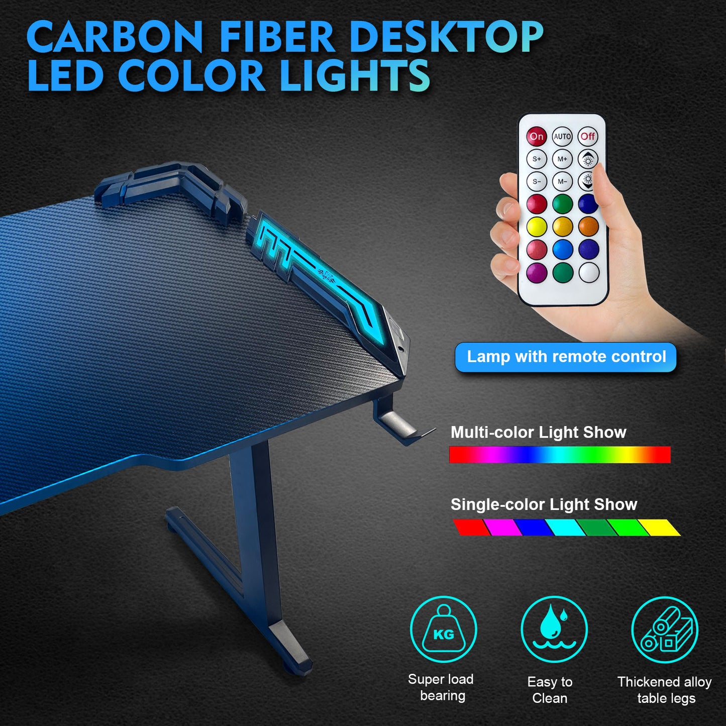 SKY-TOUCH Gaming Desk,Ergonomic Computer and Gaming Table Z Shaped for Pc, Workstation, Home, Office with LED Lights Carbon Fiber Surface,Cup Holder and Headphone Hook,Blue120×60×75cm