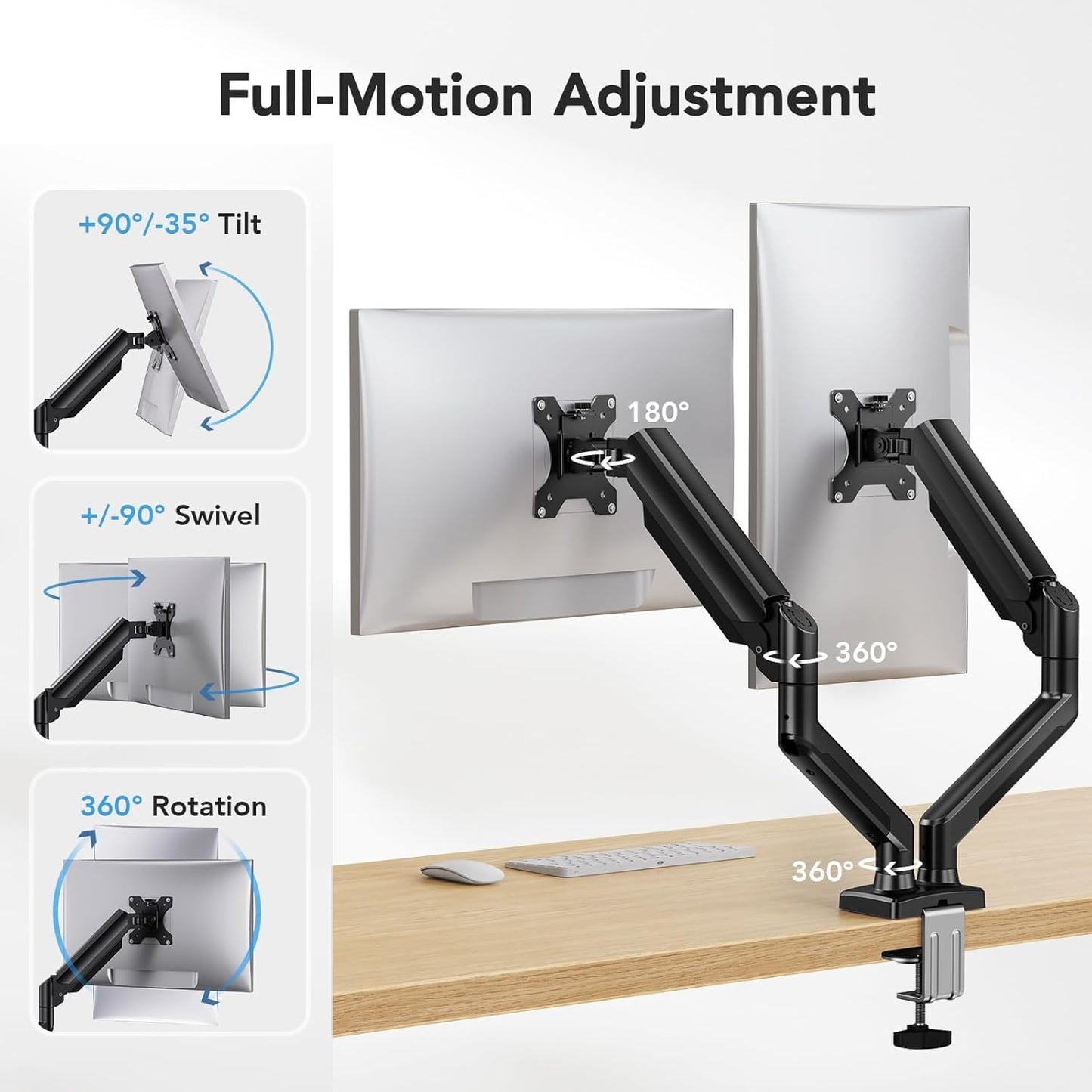SKY-TOUCH Dual Monitor Stand for 17–32 Inches, Adjustable Gas Spring Dual Arm Mount, Heavy Duty Full Motion Monitor Desk Mount with Clamp & Grommet Base, VESA 75x75/100x100, Holds up to 10kg per Arm