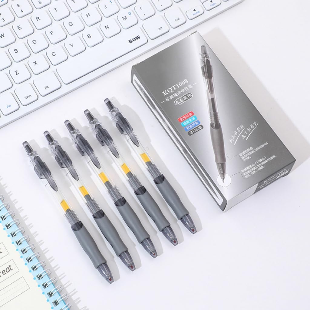 SKY-TOUCH 12 PCS set 0.5mm Retractable Black Ink Pens, Bullet Tip, Quick Drying Black Ink, Soft Rubber Grip, Smooth Writing, Perfect for Exams & Signing